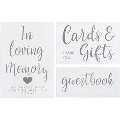 three white cards with the words in loving and memory written on them, one has a heart