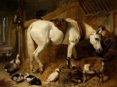 a painting of a white horse standing next to a barn with birds and ducks around it