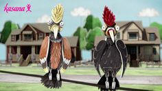 two birds are standing next to each other in front of a neighborhood with houses and trees