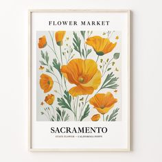 a white framed poster with yellow flowers on it