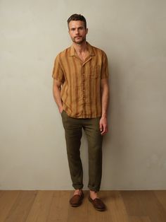 Camp collar shirt in embroidered French linen. Garment washed for an extra soft hand. Fit: Model is wearing size M. Fits true to size. Bowling collar with a straight hem. Material: 100% European Flax. Coconut shell buttons. Care: Machine wash cold with like color. Tumble dry low. Do not bleach. Cool ironing. Origin: Made in Portugal. Camp Shirt Outfit Men, Camp Shirt Outfit, Mens Linen Outfit, Camping Outfits Men, Fall Camping Outfits, Camping Outfits For Women Summer, Winter Camping Outfits, Summer Camp Outfits, Camping Outfits For Women