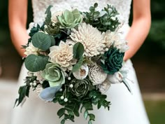 Make a statement with this beautiful gold and green wedding bouquet! Green Succulents and White blooms pair with delicate pearls accented with gold.   Photos reflect similar arrangement of flowers of the flowers in your bouquet. Your custom bouquet will still include the same elements, colors and number of flowers. For Brides - Pictured Colors match well with: Greens, Champagne or Neutral Tones to Pop!  ► IMPORTANT INFORMATION ABOUT THIS LISTING * * * * * * * * * * * * * * * * This listing is sold "as shown" or with "Custom Colors".  This means the same flower styles, foliage, and accents will be used for your item, color choices are available. Just add the colors you would like in the notes during checkout. Once your order is placed, the order will be created and tracking information will Gold And Green Wedding Bouquet, Green Champagne Wedding, Summer Wedding Green, Mother Of The Bride Flowers, Wedding Bouquet Green, Gold Summer Wedding, Gold And Green Wedding, Flower Alternatives, Wedding Bouquet Elegant