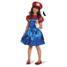 Show your love for the best-selling video game series in history with this Mario costume! Costume includes a dress, pair of glovettes, character hat and adorable mustache on a stick. This is an officially licensed Super Mario product that comes brand new in manufacturer packaging. Offered in a variety of child sizes. Pair with other Mario Bros. themed costume for a great group theme! Mario Girl Costume, Super Mario Bros Costumes, Mario Brothers Costumes, Mario Bros Costume, Mario Dress, Super Mario Brothers Party, Mario Costume, Super Mario Brothers, Halloween Costume Shop