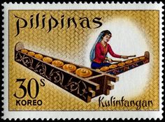 a postage stamp with an image of a woman on a long wooden object in the middle