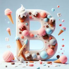 the letter b is made up of ice cream and candies, including an ice cream cone