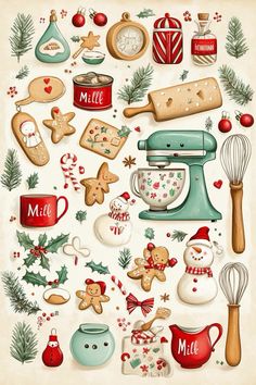 an illustration of christmas baking items on a white background