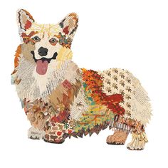 a collage of an animal made out of newspaper strips and other items is shown on a white background