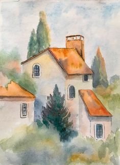 a watercolor painting of a white house with orange roof and trees in the background