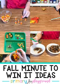 the kids are making their own fall themed activities with candy and candies on the table