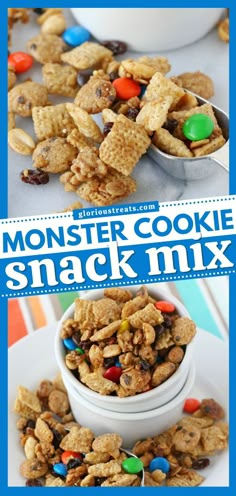 Monster Cookie Snack Mix, New year appetizers, holiday party snacks Party Mix Snacks, Monster Cookie, Cereal Snacks, Caramel Glaze