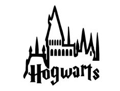 the hogwarts logo is shown in black and white, with a castle on top