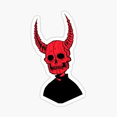 a red demon skull sticker with horns on it's head, wearing a black shirt