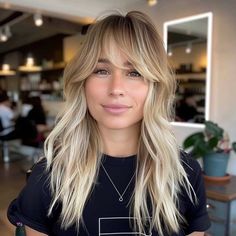 The Top 56 Hairstyles for Long Blonde Hair in 2024 Blonde Hair Dark Roots Bangs, Balayage Hair Blonde With Bangs, Balayage Hair With Fringe, Blonde Balayage Bangs, Blonde Balayage With Bangs, Blonde Hair Cuts, Hair Cuts And Styles, Neutral Blonde Hair, Long Blonde Hair Cuts