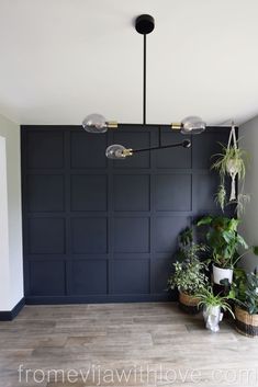 a room with some plants and lights on the ceiling, in front of a black paneled wall