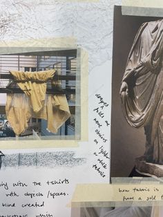 collage of photos with clothes hanging on clothesline and statue in background, including postcard