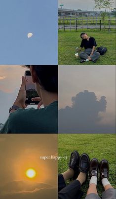 four different pictures show the same person sitting on the grass with their feet up in the air