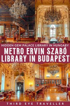 the interior of a library with chandeliers and tables in it, surrounded by bookshelves