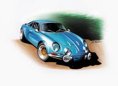 a drawing of a blue sports car in the sand