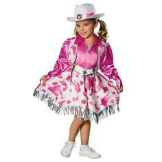 Sometimes cowgirls look too good to be out on the plains. They are so pretty they need to be on stage singing a country-western song. The Western Diva costume for girls is the kind of thing a country star would wear. It's a pretty pink and white dress with a flared, fringed skirt, a pink top, and an attached west. It also comes with a fancy white belt. Cowboy hat and shoes not included Size: 8-10. Cowgirl Outfit Dress, Toddler Cowgirl Costume, Girls Cowgirl Costume, Disco Cowgirl Outfit, Pink Cowgirl Costume, Pretty Cowgirl, Cowgirl Halloween Costumes, Toddler Cowgirl, Traje Cowgirl