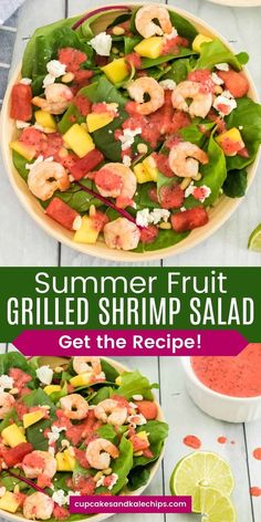 a salad with shrimp and avocado on top is shown in two different pictures