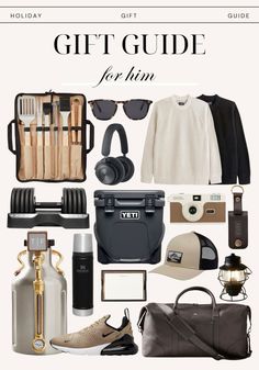 the gift guide for him includes items such as shoes, backpacks, and sunglasses