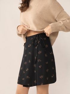 Naomi Foliage Wrap Skirt in Black Foliage Print, Mini Wrap Skirt, Flowy Fabric, Mini Wrap, Twill Fabric, Wrap Skirt, Wrap Style, Fitness Models, Fashion Beauty