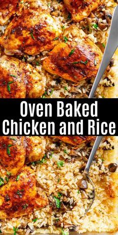 oven baked chicken and rice in a casserole dish