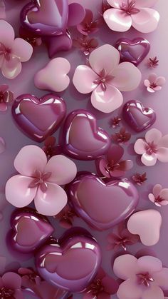 hearts and flowers floating in the air on a purple background with pink petals around them