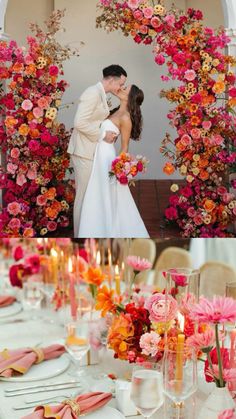 the bride and groom are kissing in front of an arch of flowers with candles on it