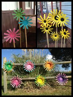 four different pictures of sunflowers made out of construction paper on sticks and grass in front of a fence