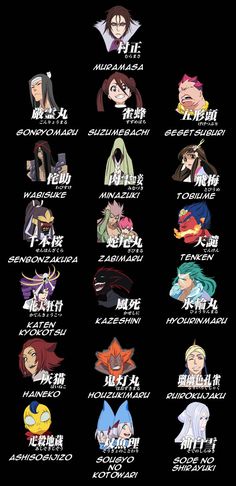 an anime poster with all the main characters in each character's name and their names