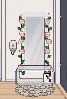 the bathroom is decorated with flowers and rocks