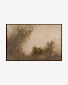 a painting with trees in the background and fog on the ground behind it is a white wall