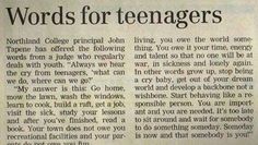 a newspaper article with words for teenagers written in black and white on the front page