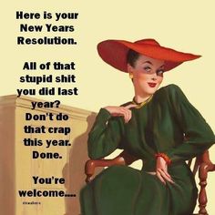 a woman in a green dress and red hat sitting on a chair with a quote about new years resolution