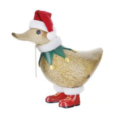 a wooden duck ornament wearing a santa hat and green scarf with red boots