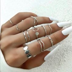 10 Piece Set Material: Alloy Multiple Sizes Midi Rings Silver, Ring Party Jewelry, Iron Ring, Knuckle Ring, Finger Rings, Hand Jewelry, Trendy Jewelry, Pretty Jewellery, Ring Vintage