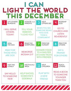 a printable christmas calendar with the words, i can light the world this december