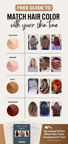 Don’t settle for the wrong shade—download my FREE Hair Color Guide and find out which hair color is perfect for your skin tone! This hair color guide breaks down the best options for your complexion and gives my expert advice on achieving your dream look. Whether you’re considering blonde, brunette, or a bold new hue, the hair color guide will ensure you pick the shade that complements your natural features. Get it now! Summer Skin Tone, Pale Skin Hair Color, Perfect Hair Color, Hair Color Unique, Colors For Skin Tone, Color Guide