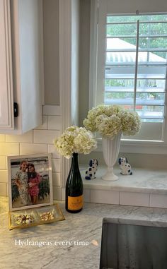 two vases with white flowers are sitting on the kitchen counter