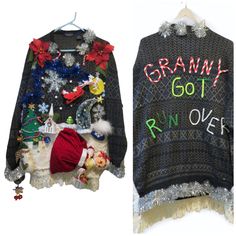 two ugly ugly sweaters that say gravy got run over and santa hat