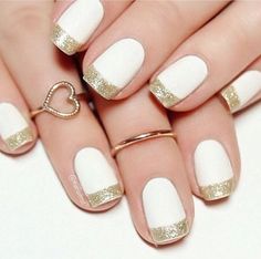 Gold Glitter Nail Tip HolidayNails Glitter french nails, Gold glitter nails, Glitter tip nails Nail White And Gold, Gold Nails French, Glitter French Nails, Nail White, Glitter Tip Nails, Red And Gold Nails, Glitter French Manicure