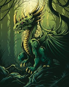 a green dragon sitting in the middle of a forest