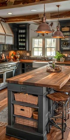 a large kitchen island with two stools in front of it