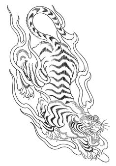 a black and white drawing of a tiger with flames on it's back legs