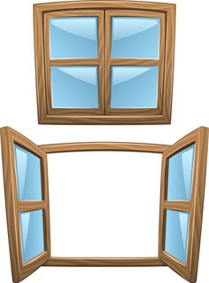 an open and closed wooden window with blue glass on the outside, isolated against a white background