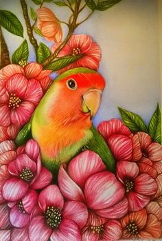 a colorful bird sitting on top of pink flowers