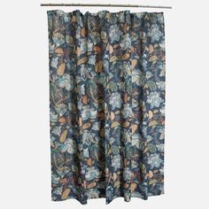 a blue curtain with floral print on it