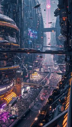 a futuristic city with lots of traffic and people