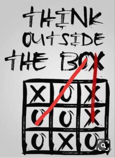 a drawing with the words think out side the box next to a red line in front of it